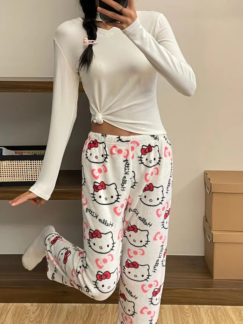 Hello Kitty Pajama Pants - Warm Cartoon Print Sleepwear