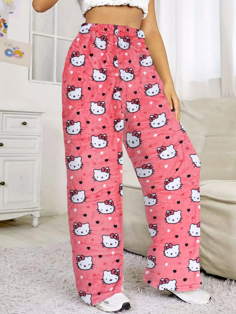 Hello Kitty Pajama Pants - Warm Cartoon Print Sleepwear - Pink
