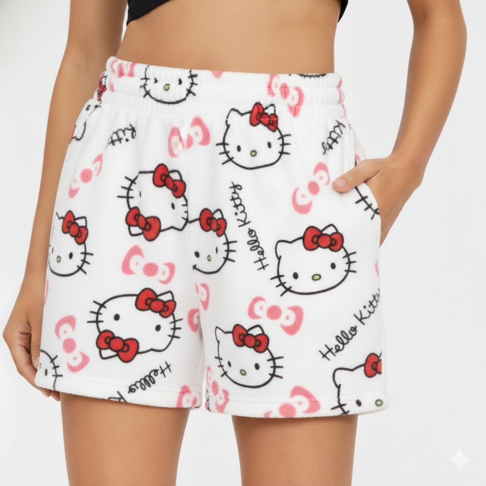 Women's Fluffy White Hello Kitty Pajama Shorts