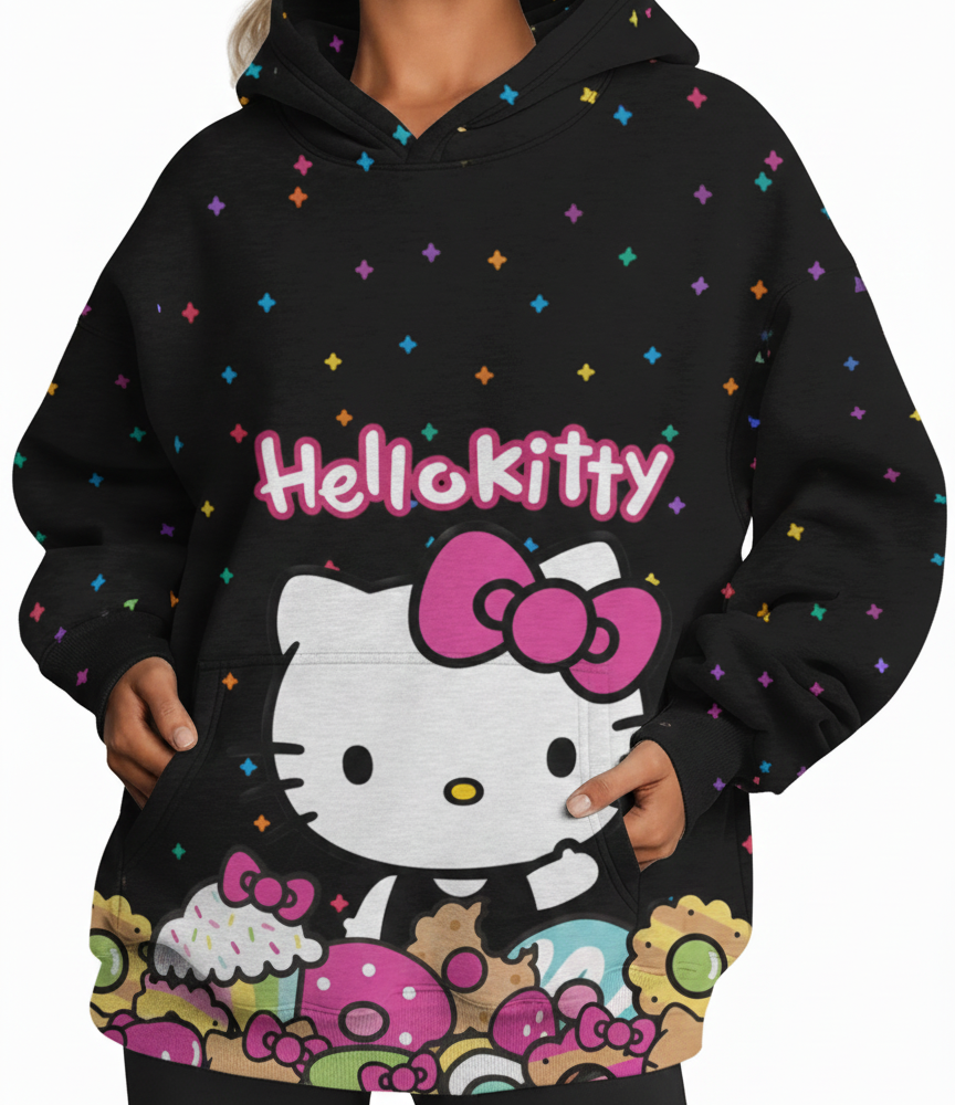 Unisex Black Hello Kitty Pullover Hoodie