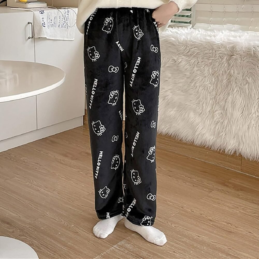 Black Hello Kitty Fleece Drawstring Lounge Pants