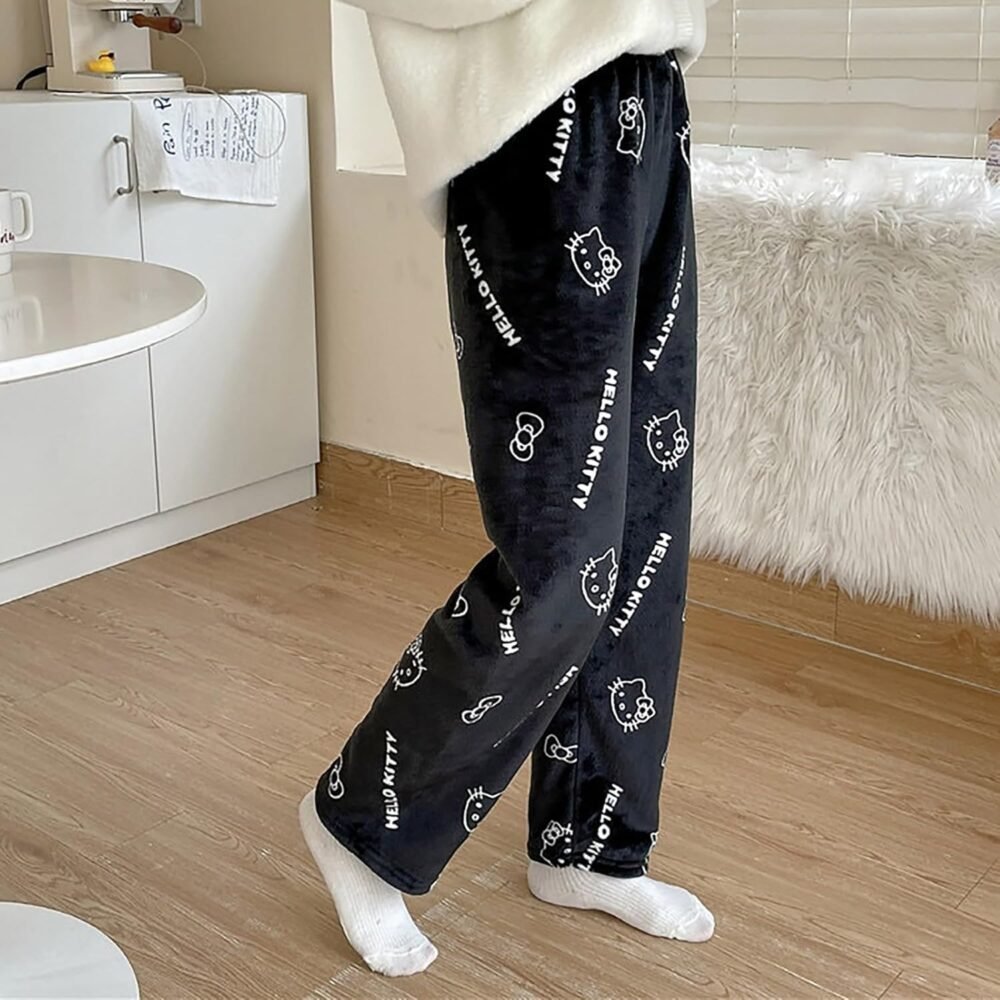 Black Hello Kitty Fleece Drawstring Lounge Pants