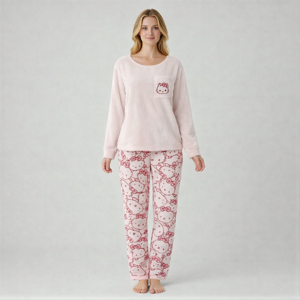 Hello Kitty Long Sleeve Plush Velvet Pajama Set
