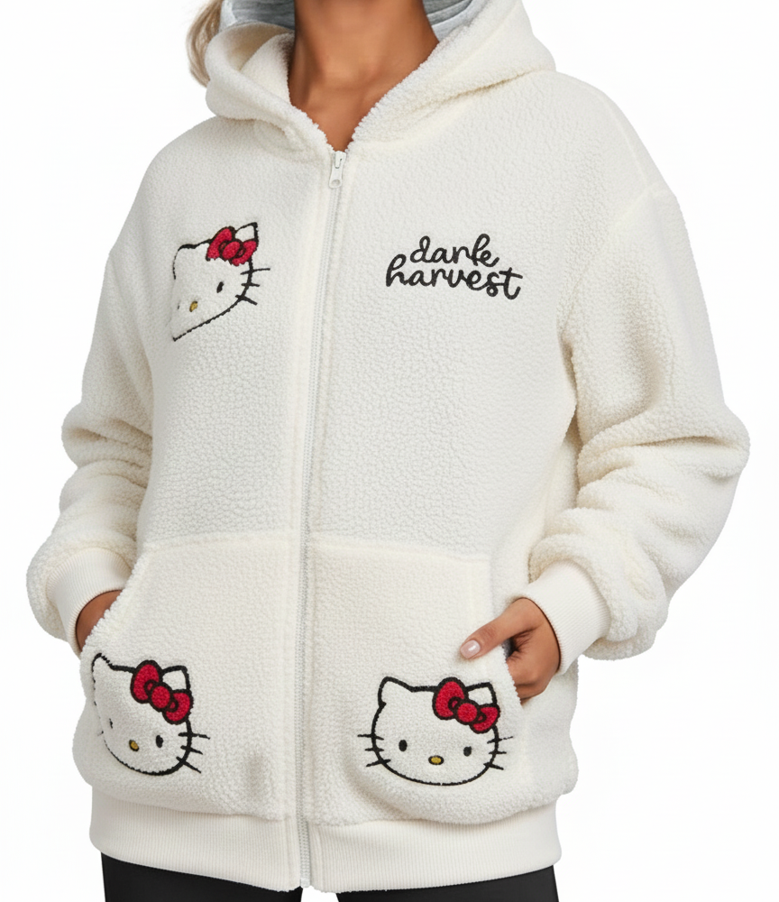 Hello Kitty White Fluffy Zip-Up Hoodie
